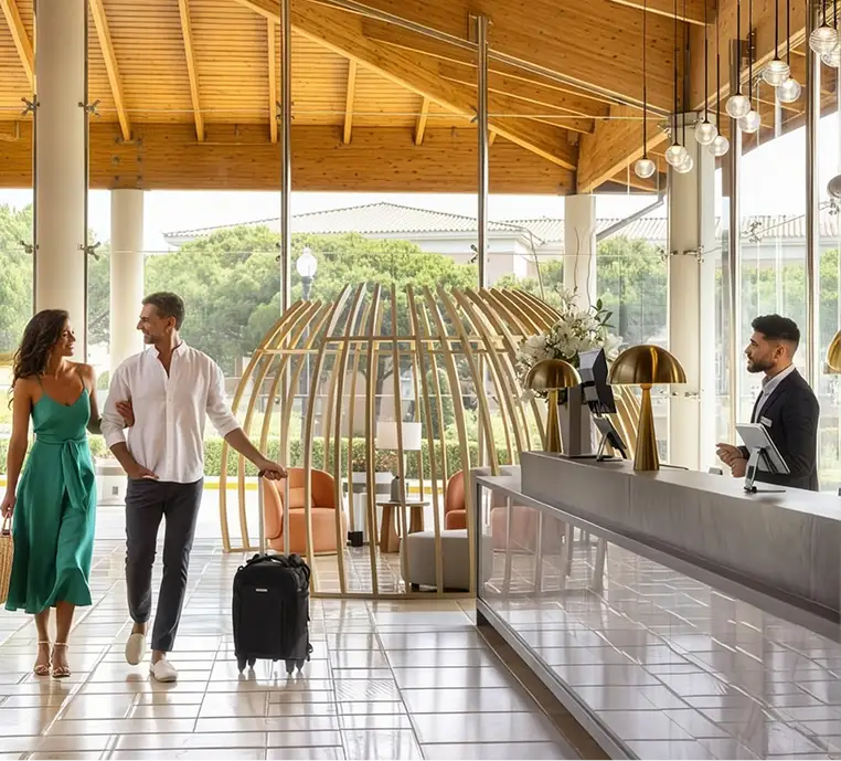 Guests arriving at a hotel reception
